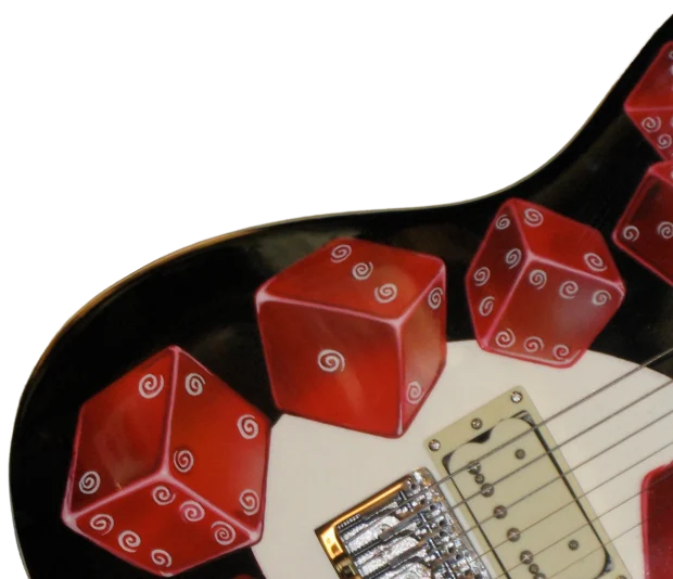 Black guitar with red dice on it
